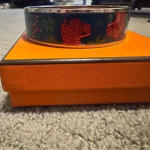 Hermes size L Enamel Bangle Bracelet with Orange Leopard Motif on Teal
